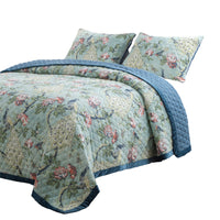 Eden 3 Piece Queen Quilt Set, Peacock and Songbirds, Light Green Microfiber - BM294314