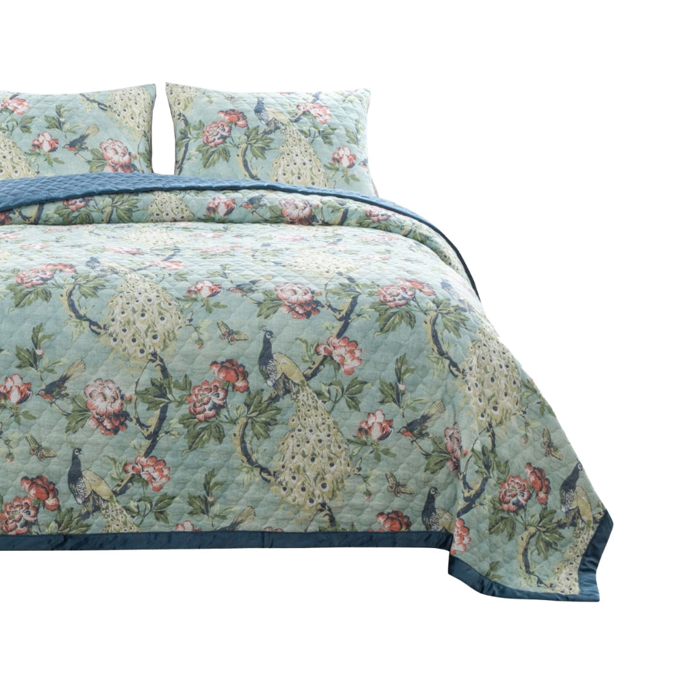 Eden 3 Piece Queen Quilt Set, Peacock and Songbirds, Light Green Microfiber - BM294314