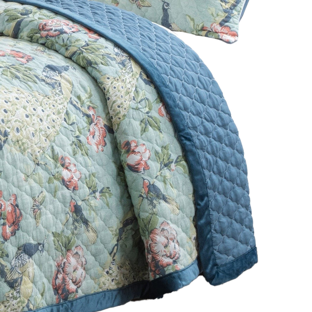 Eden 3 Piece Queen Quilt Set, Peacock and Songbirds, Light Green Microfiber - BM294314