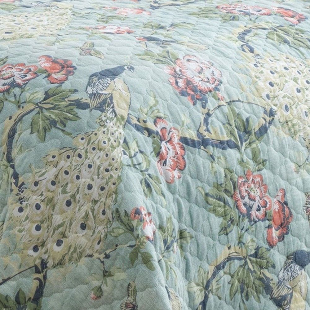 Eden 3 Piece Queen Quilt Set, Peacock and Songbirds, Light Green Microfiber - BM294314