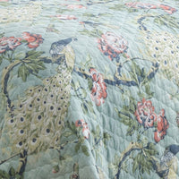 Eden 3 Piece Queen Quilt Set, Peacock and Songbirds, Light Green Microfiber - BM294314