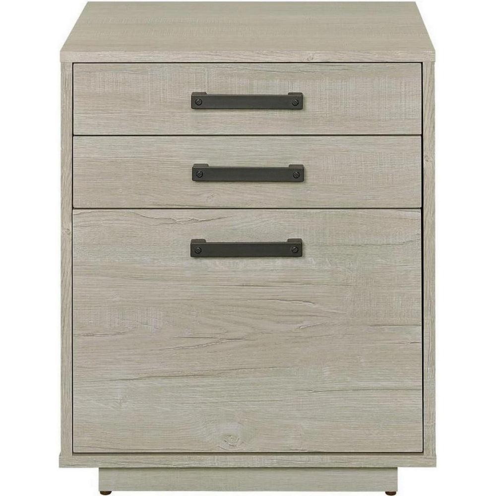 25 Inch Slim File Cabinet, 3 Gliding Drawers, Whitewashed Gray Wood Frame - BM294799