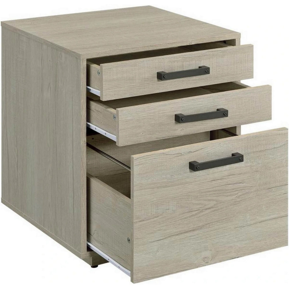 25 Inch Slim File Cabinet, 3 Gliding Drawers, Whitewashed Gray Wood Frame - BM294799