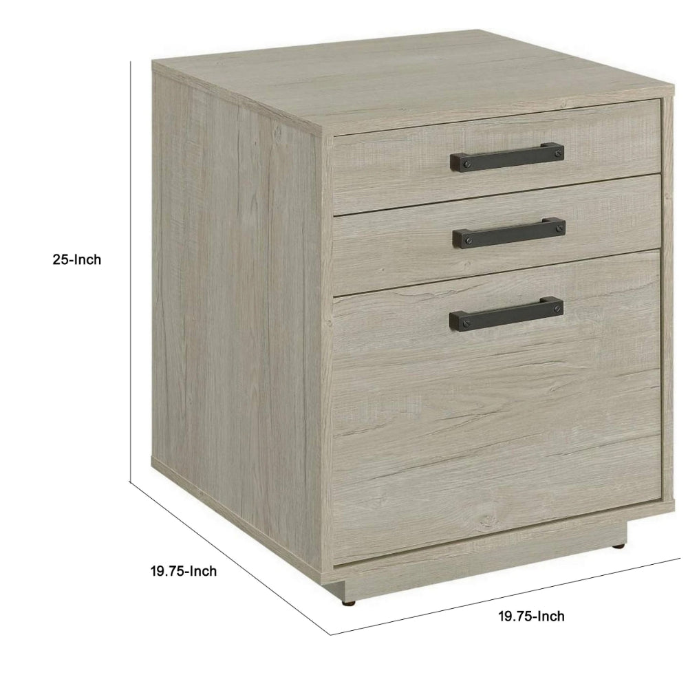 25 Inch Slim File Cabinet, 3 Gliding Drawers, Whitewashed Gray Wood Frame - BM294799