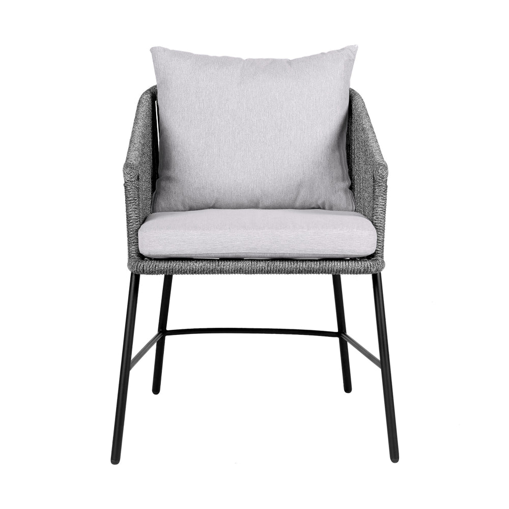 25 Inch Patio Dining Chair, Matte Black Steel Frame, Gray Rope Woven Seat - BM295615