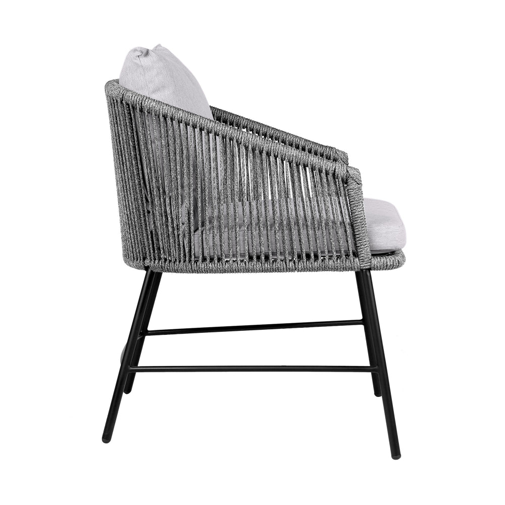 25 Inch Patio Dining Chair, Matte Black Steel Frame, Gray Rope Woven Seat - BM295615