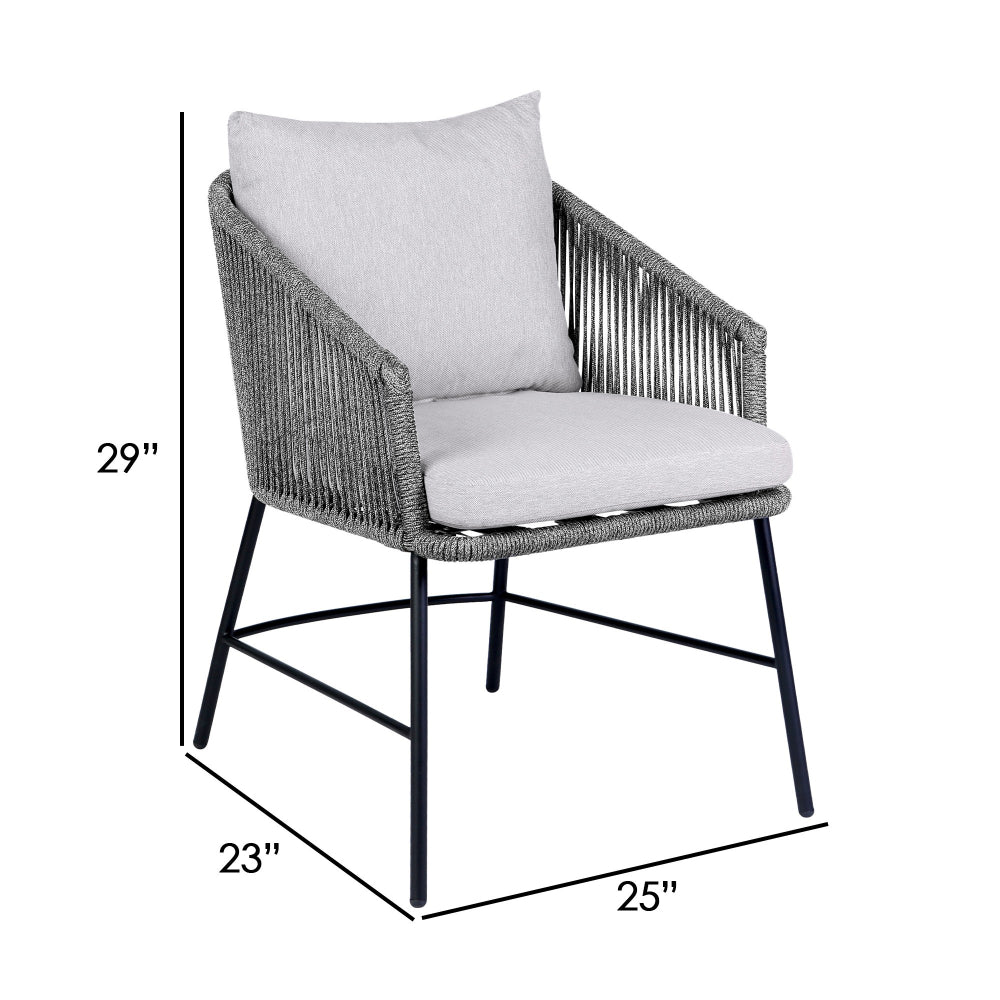 25 Inch Patio Dining Chair, Matte Black Steel Frame, Gray Rope Woven Seat - BM295615