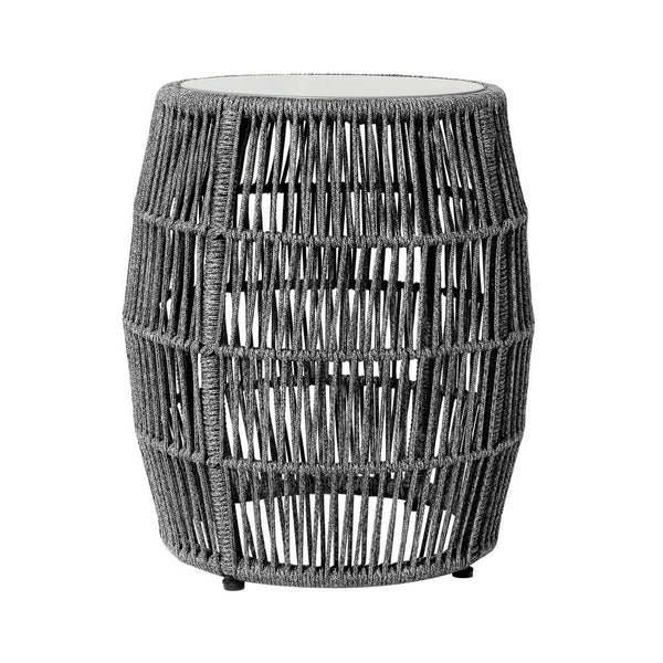 Gip 22 Inch Indoor Outdoor End Table Stool, Gray Round Stone Top, Woven Rope - BM295620