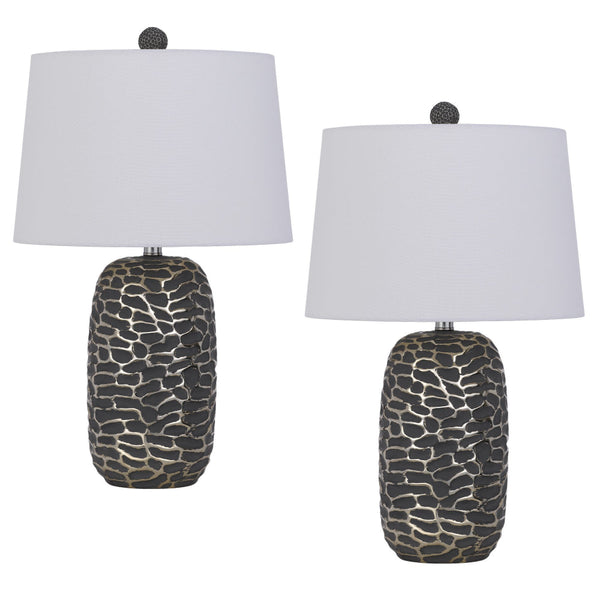 25 Inch Oval Table Lamp, Set of 2, White Fabric Drum Shade, Black, Silver - BM295946