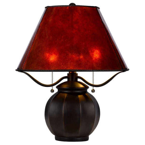 20 Inch Table Lamp, Vintage Red Amber Mica Shade, Upturned Arms, Round Body - BM295986