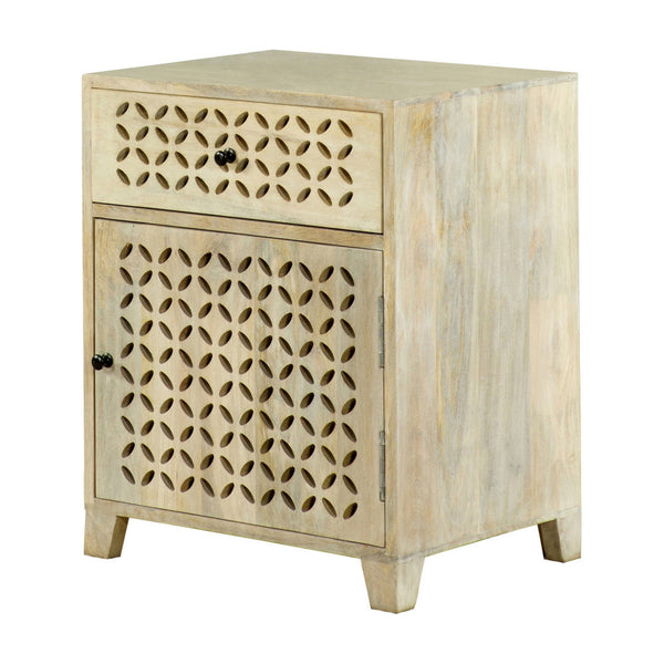 22 Inch 1 Drawer Accent Cabinet, Lattice Cut Outs on Front, Whitewash Wood - BM296122