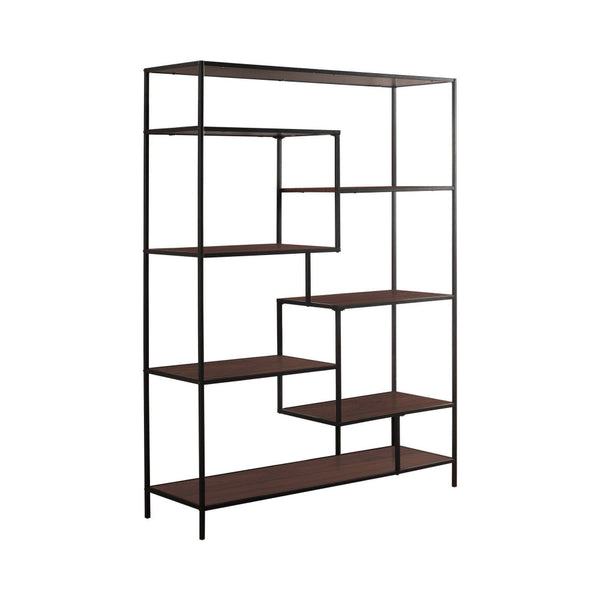 65 Inch Bookcase Etagere, 7 Walnut Brown Wood Shelves, Black Metal Frame - BM296133