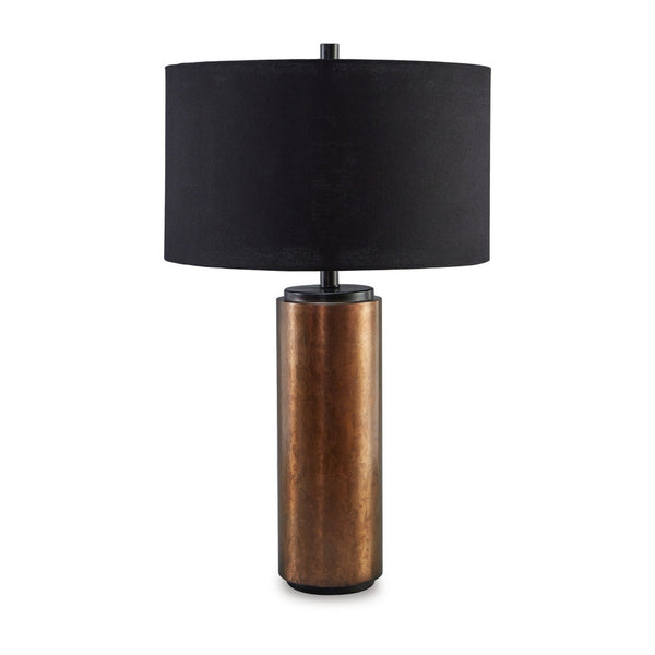 30 Inch Modern Table Lamp, Cylindrical Brass Metal Base, Black Drum Shade - BM296541