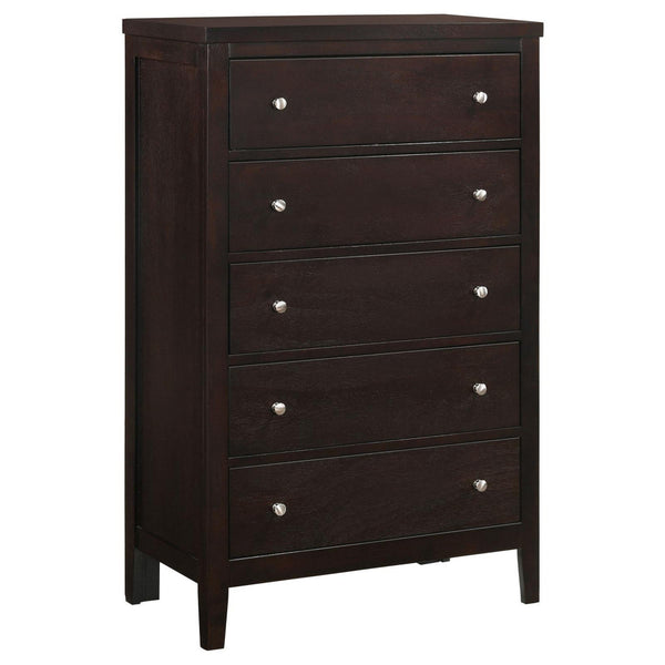 Con 48 Inch Tall 5 Drawer Dresser Chest, Silver Knobs, Cappuccino Brown - BM296654