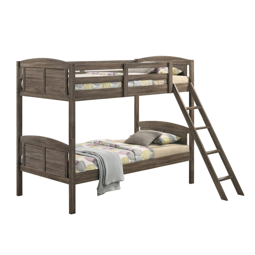 Twin Over Twin Bunk Beds, Curved Headboards, Ladder, Straight Legs, Brown - BM296680