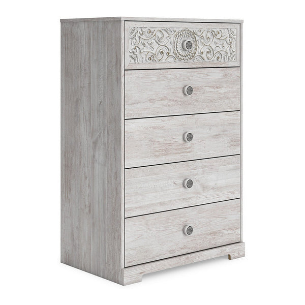 46 Inch 5 Drawer Modern Tall Dresser Chest, Whitewashed Carved Design Wood - BM296907