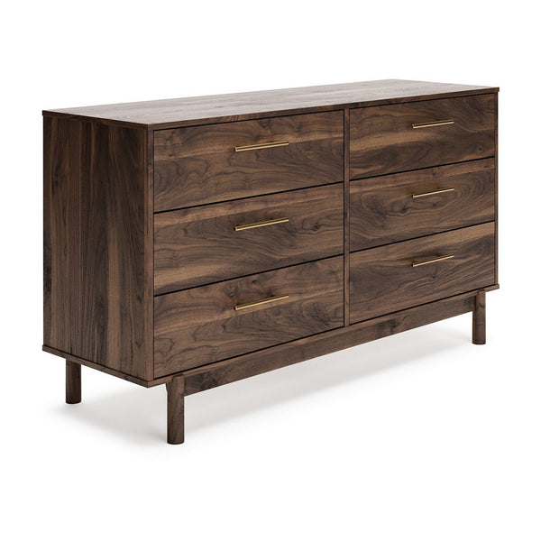 Kip 59 Inch Modern Dresser, Brown Wood Frame, 6 Drawers, Gold Metal Handles - BM296946
