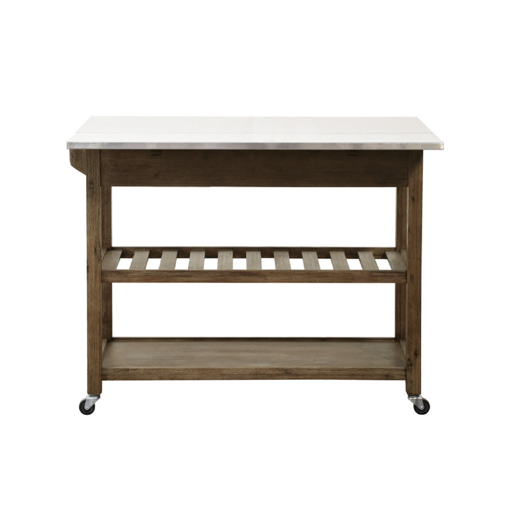 Amber 44 Inch Rolling Kitchen Island Bar Cart, Stainless Steel Top, Brown - BM299374