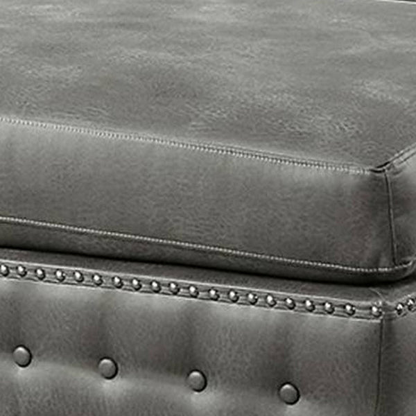 Simi 34 Inch Square Ottoman, Handcrafted Legs, Gray Vegan Faux Leather - BM300278