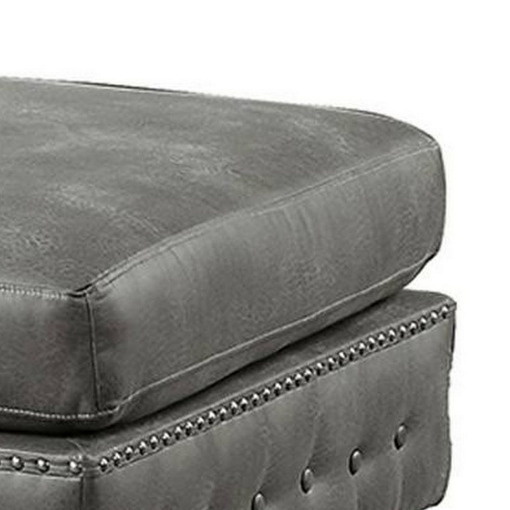 Simi 34 Inch Square Ottoman, Handcrafted Legs, Gray Vegan Faux Leather - BM300278