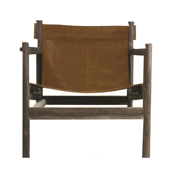 Meh 28 Inch Armchair with Brown Top Grain Leather, Rustic Gray Acacia Wood - BM300790