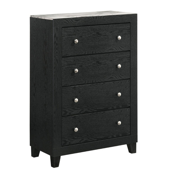 Yoh 47 Inch Tall 4 Drawer Dresser Chest with Marble Top, Metal Knobs, Black - BM300825