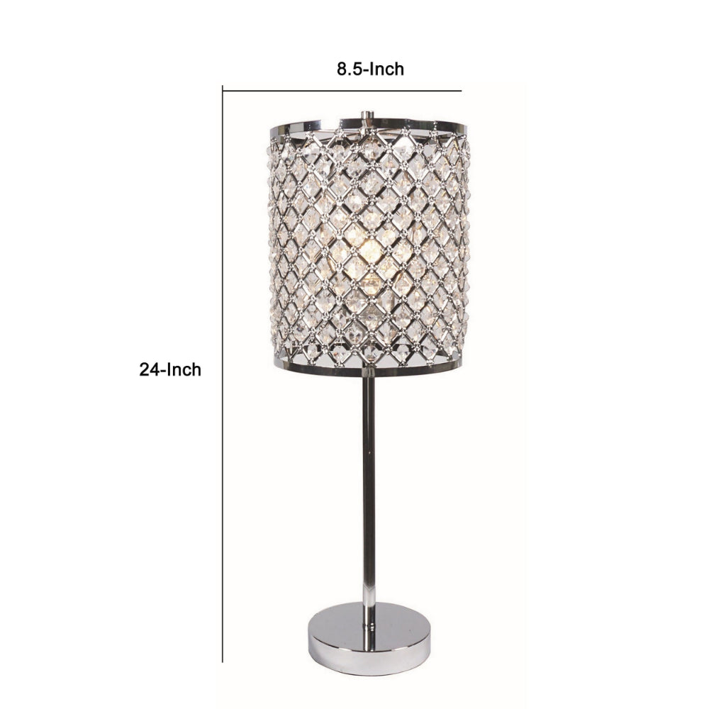 24 Inch Modern Table Lamp, Crystal Shade, Tessellated Metal Accents, Chrome - BM300851