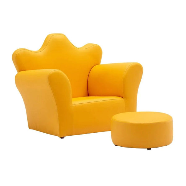 23 Inch Kids Chair and Ottoman, Yellow Faux Leather, Fancy Crown Design - BM301178