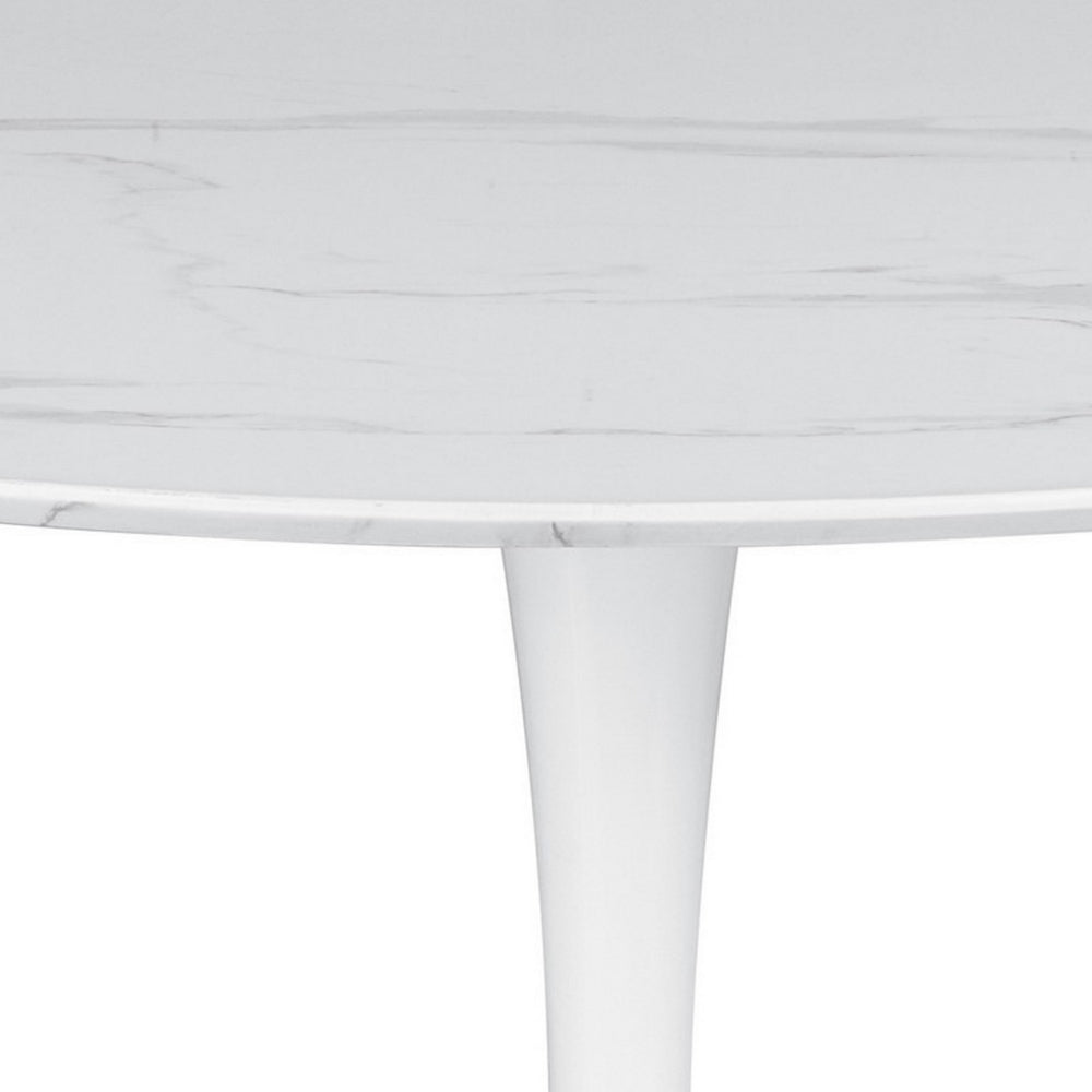 Loxi 40 Inch Round Dining Table, White Faux Marble Top, Tulip Accent Body - BM302429
