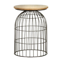 21 Inch Round Accent Table with Bird Cage Style Base, Beige Marble, Black - BM302466