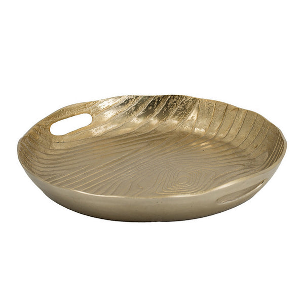 15 Inch Round Decorative Platter Tray, Sloped Rim, Texture Brass Gold  - BM302553