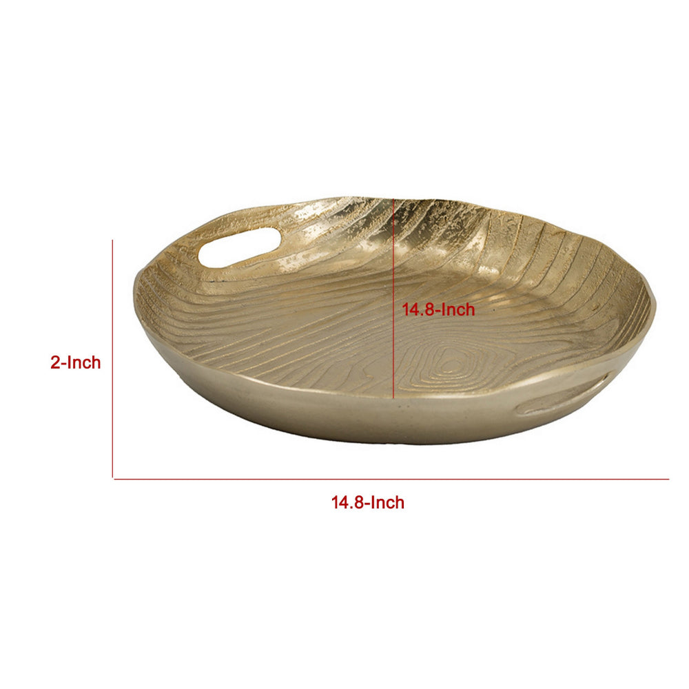 15 Inch Round Decorative Platter Tray, Sloped Rim, Texture Brass Gold  - BM302553