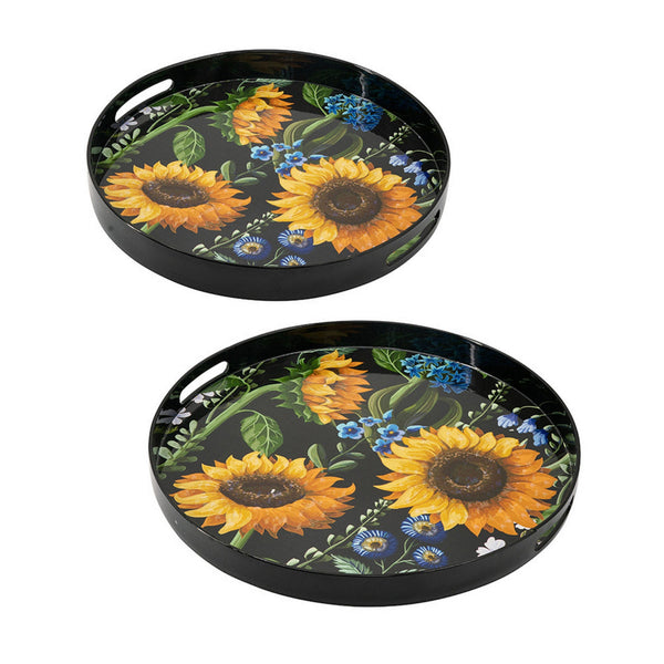 2 Piece Modern Decorative Trays, Round Plastic Frame, Sunflower Motifs  - BM302562