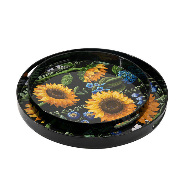 2 Piece Modern Decorative Trays, Round Plastic Frame, Sunflower Motifs  - BM302562