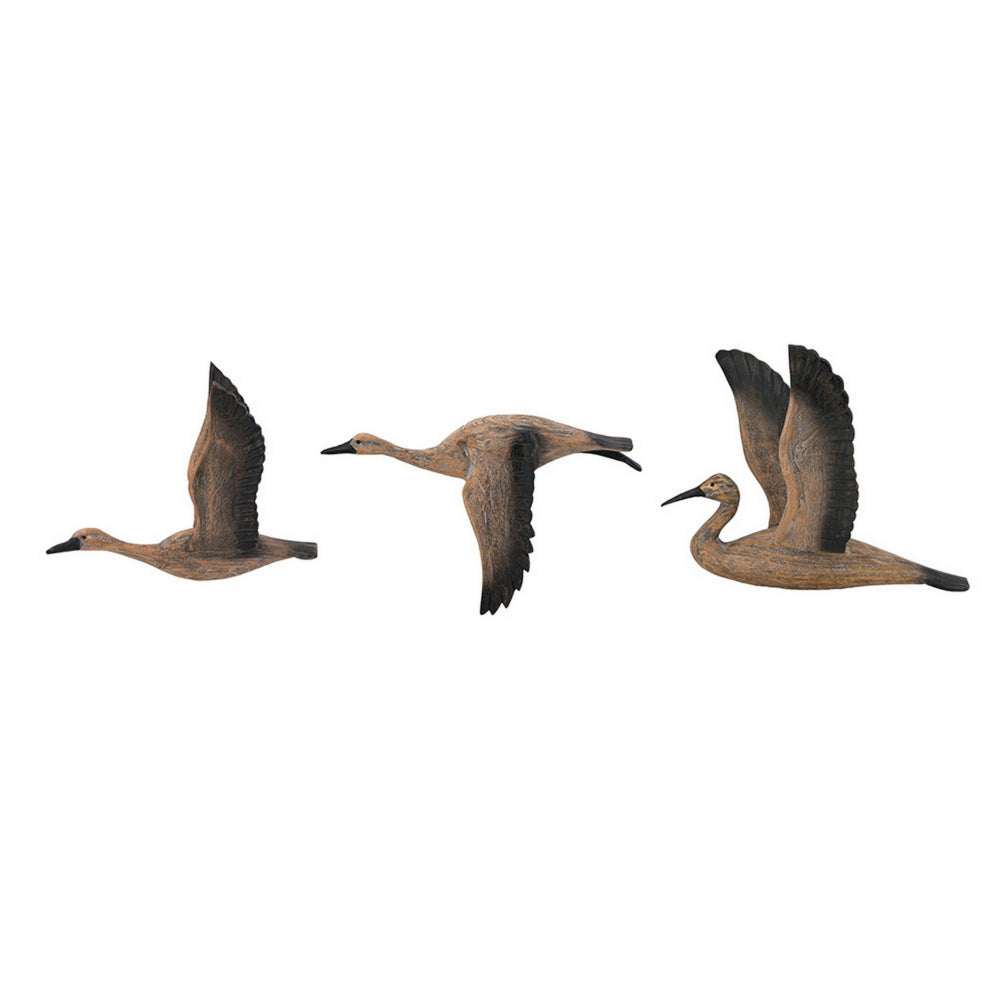 Set of 3 Flying Geese Wall Decorations, Pine Wood, Rustic Weathered Brown - BM302563