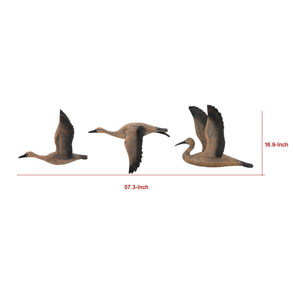 Set of 3 Flying Geese Wall Decorations, Pine Wood, Rustic Weathered Brown - BM302563