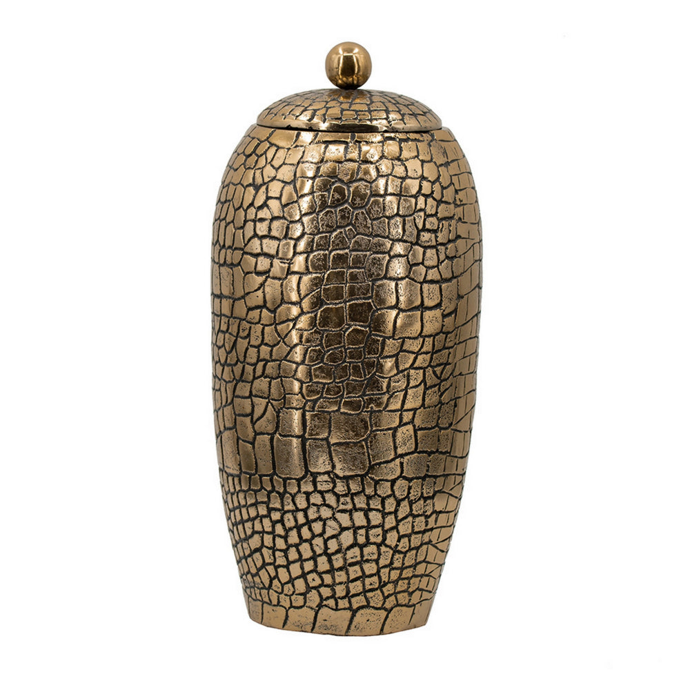 15 Inch Aluminum Urn, Lidded Top, Hammered Texture, Antique Gold Finish - BM302581