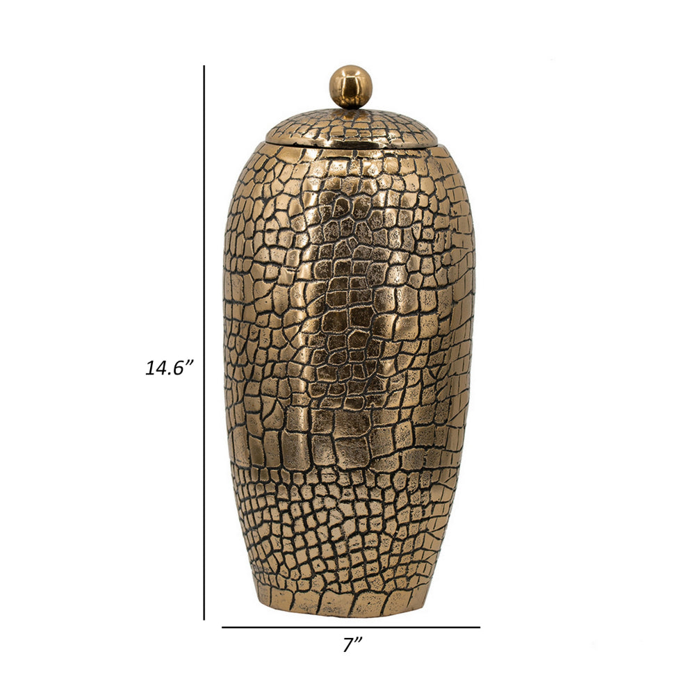 15 Inch Aluminum Urn, Lidded Top, Hammered Texture, Antique Gold Finish - BM302581