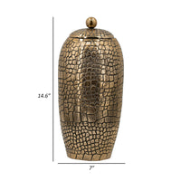 15 Inch Aluminum Urn, Lidded Top, Hammered Texture, Antique Gold Finish - BM302581