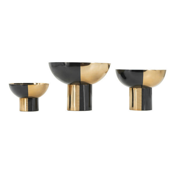 Set of 3 Round Bowls, Black and Gold Aluminum Finish, Sturdy Metal Stand - BM302584