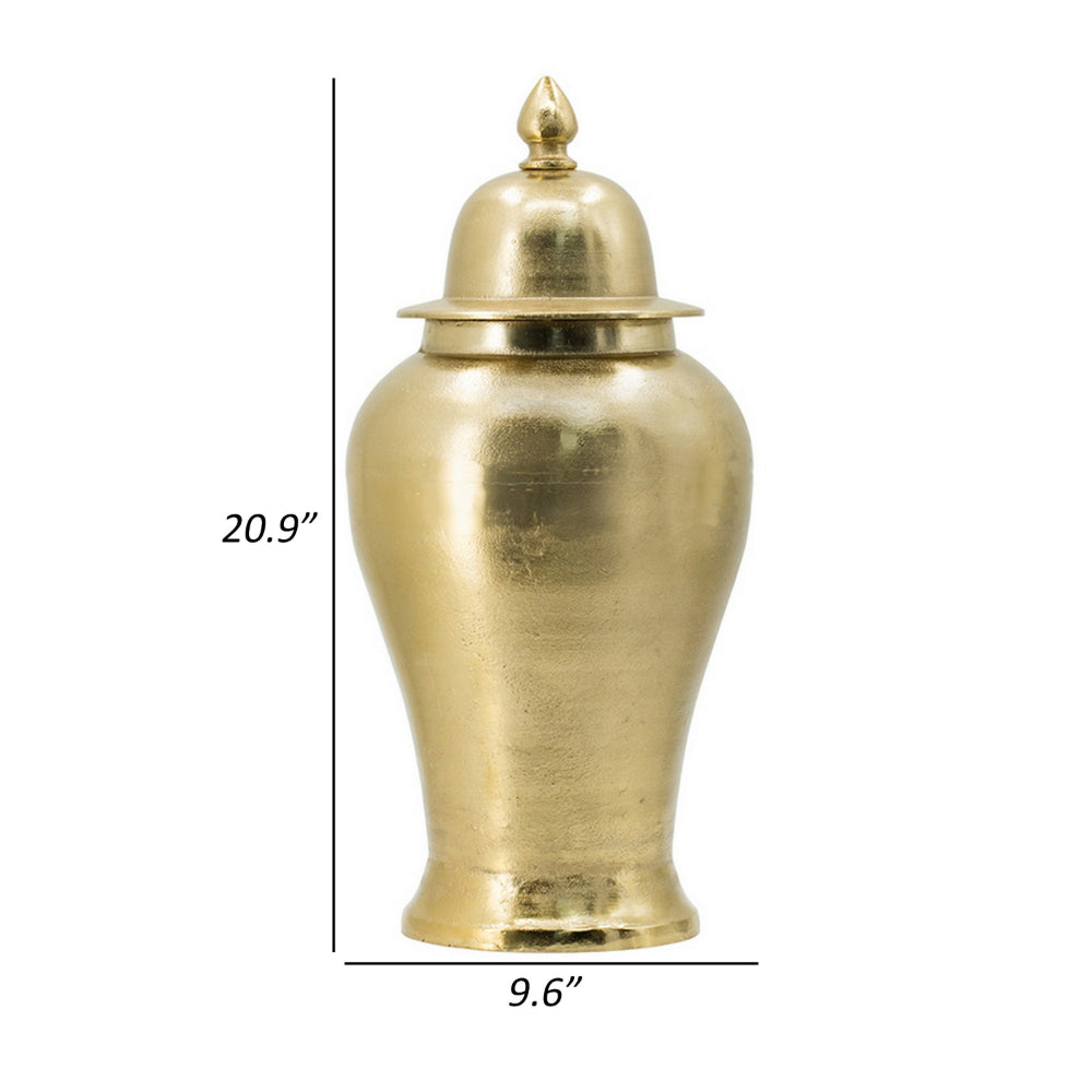 21 Inch Lidded Vase Urn, Finial Accent, Brilliant Gold Aluminum Finish - BM302593