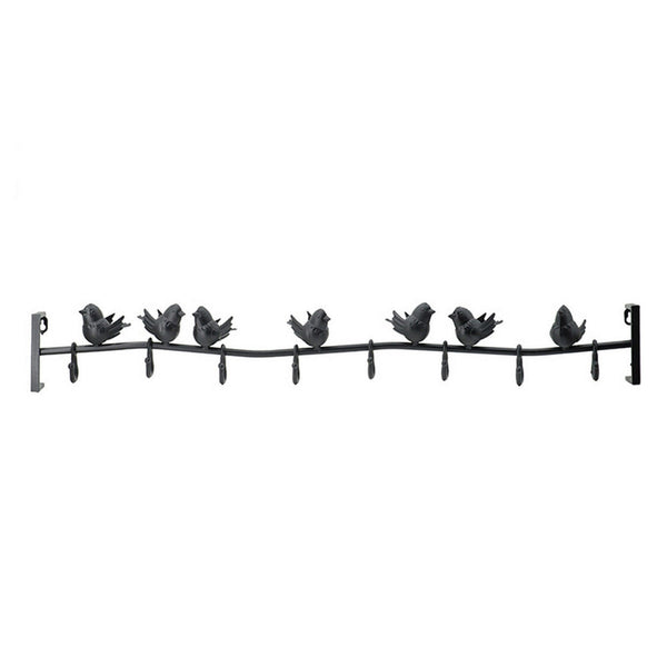 38 Inch Wall Hooks, Perched Birds, 8 Coat Hooks, Black Iron, Vintage Style - BM302598