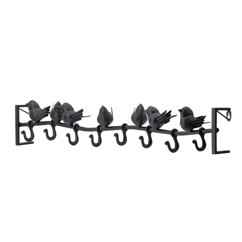 38 Inch Wall Hooks, Perched Birds, 8 Coat Hooks, Black Iron, Vintage Style - BM302598