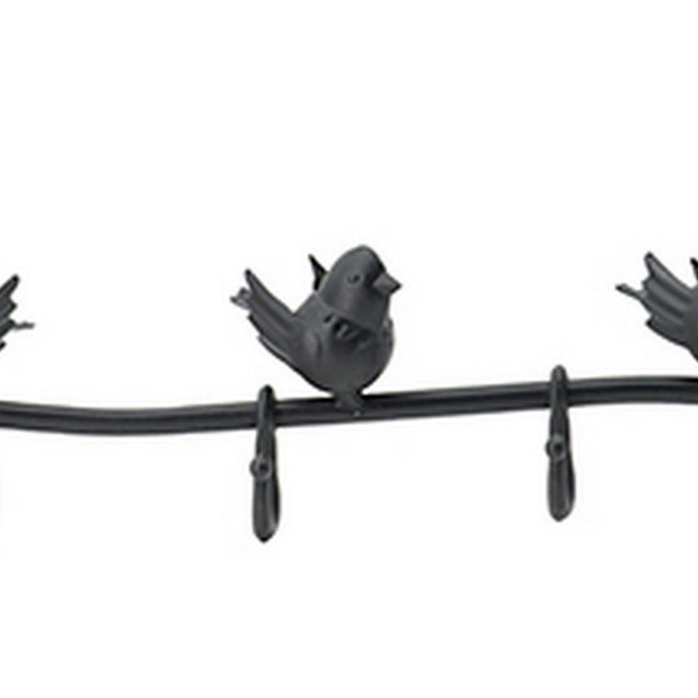 38 Inch Wall Hooks, Perched Birds, 8 Coat Hooks, Black Iron, Vintage Style - BM302598