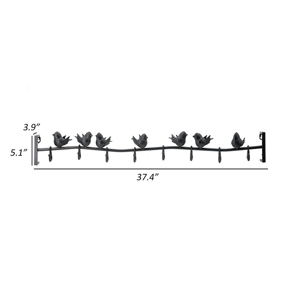 38 Inch Wall Hooks, Perched Birds, 8 Coat Hooks, Black Iron, Vintage Style - BM302598