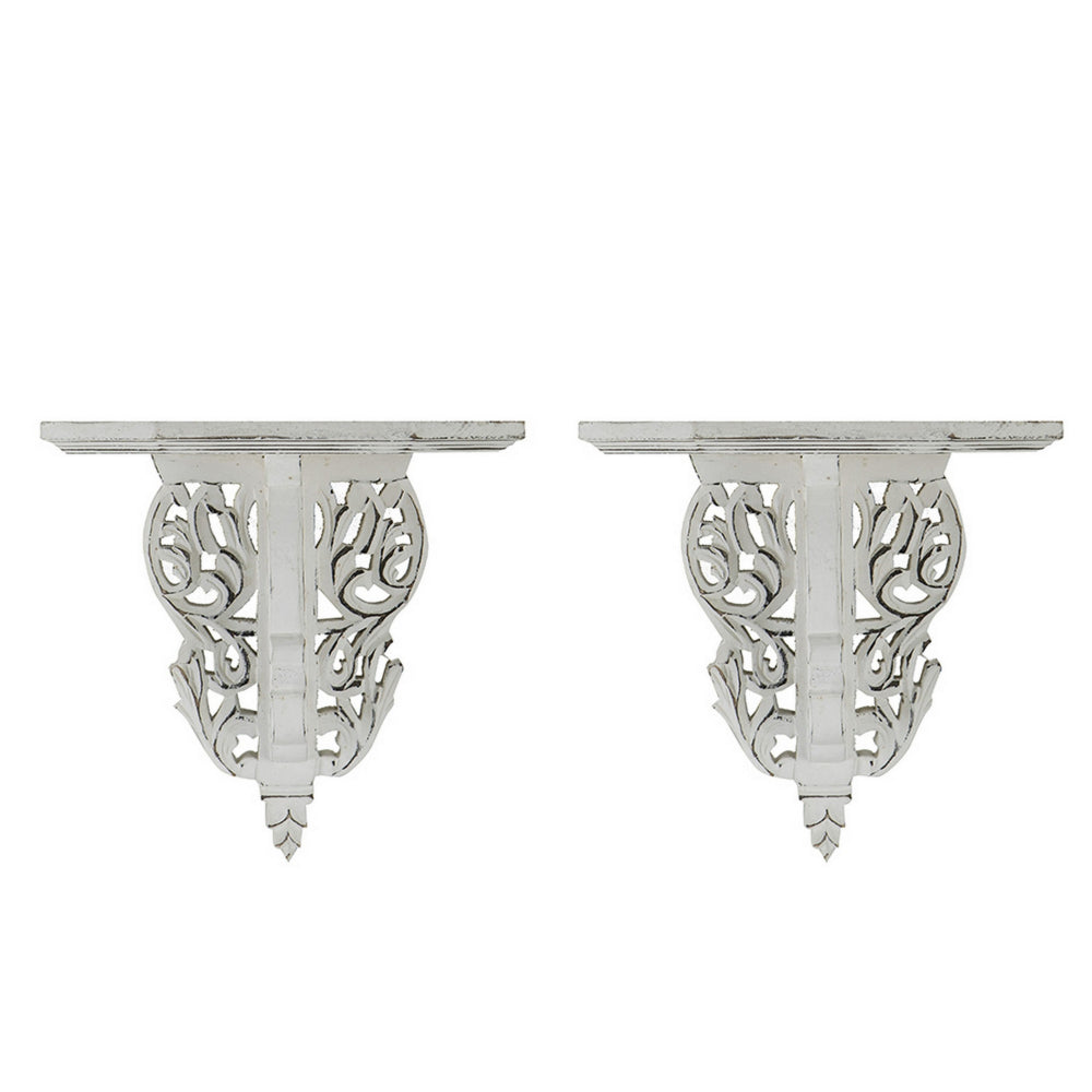 14 Inch Set of 2 Wall Decorations, Shelves, Antique White, Carved Design - BM302600