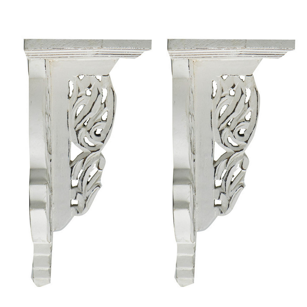 14 Inch Set of 2 Wall Decorations, Shelves, Antique White, Carved Design - BM302600