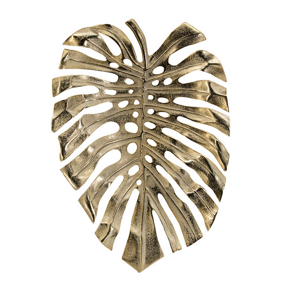 Linzo 19 Inch Aluminum Wall Hanging Bowl, Monstera Leaf, Bright Gold Finish - BM302603