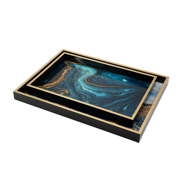 Set of 2 Rectangular Decorative Trays, Tall Rims, Faux Marble, Blue, Gold - BM302605