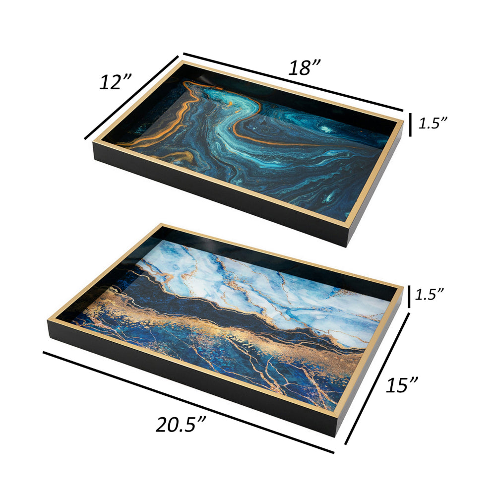 Set of 2 Rectangular Decorative Trays, Tall Rims, Faux Marble, Blue, Gold - BM302605